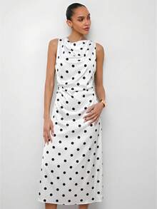 Maija Satin White With Black Polka Dots Scoop Neck Sleeveless Dress For Women,Dresses For Women Summer Garden Party Elegant - White - View 1