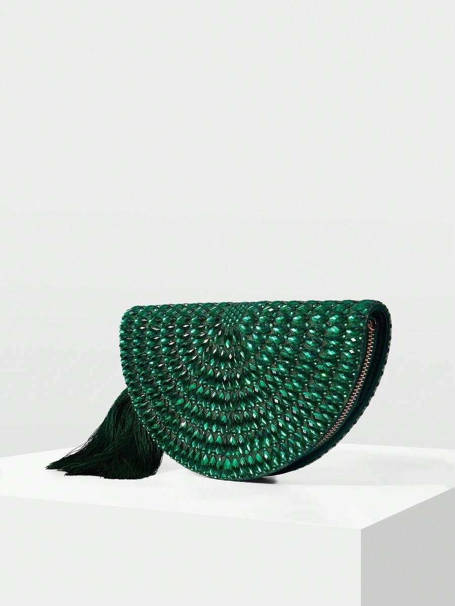 MOTF HANDMADE BEADED EVENING BAG, BLACK TASSEL CLUTCH, ELEGANT CHAIN SHOULDER CROSSBODY BAG, BEADED BAG - Dark Green - View 2