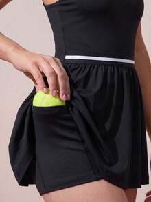 CourtClass CourtClass 女士撞色翻领短袖运动休闲连衣裙，夏季黑色网球裙，带口袋短袖网球裙，女士网球裙，网球短裙，运动短裙 - 黑色 - 查看 6