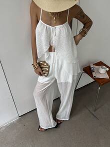 DAZY Conjunto de 2 piezas con top de tirantes blanco holgado y fluido, y pantalones de pierna ancha - Blanco - Ver 4