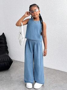 Bộ đồ đôi thanh lịch cho bé gái tuổi teen: áo không tay dáng suông và quần ống đứng, thích hợp cho kỳ nghỉ hè, trang phục thường ngày cho bé gái, quần short rộng thùng thình cho các buổi hòa nhạc, lễ hội, thời trang đường phố, trang phục ngày Quốc khánh 4 tháng 7, bộ đồ đôi dự tiệc tốt nghiệp. - Rửa nhẹ - Xem 4