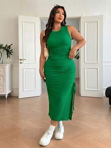 Solflare Đầm EZwear cỡ lớn dành cho nữ, màu xanh lá cây, kiểu dáng thường ngày, xếp ly, xẻ tà, thích hợp làm đầm dự tiệc cưới, trang phục đi nghỉ mát, trang phục đi biển, đầm mùa hè, đầm dự lễ hội, đầm sinh nhật. - màu xanh lá - Xem 5
