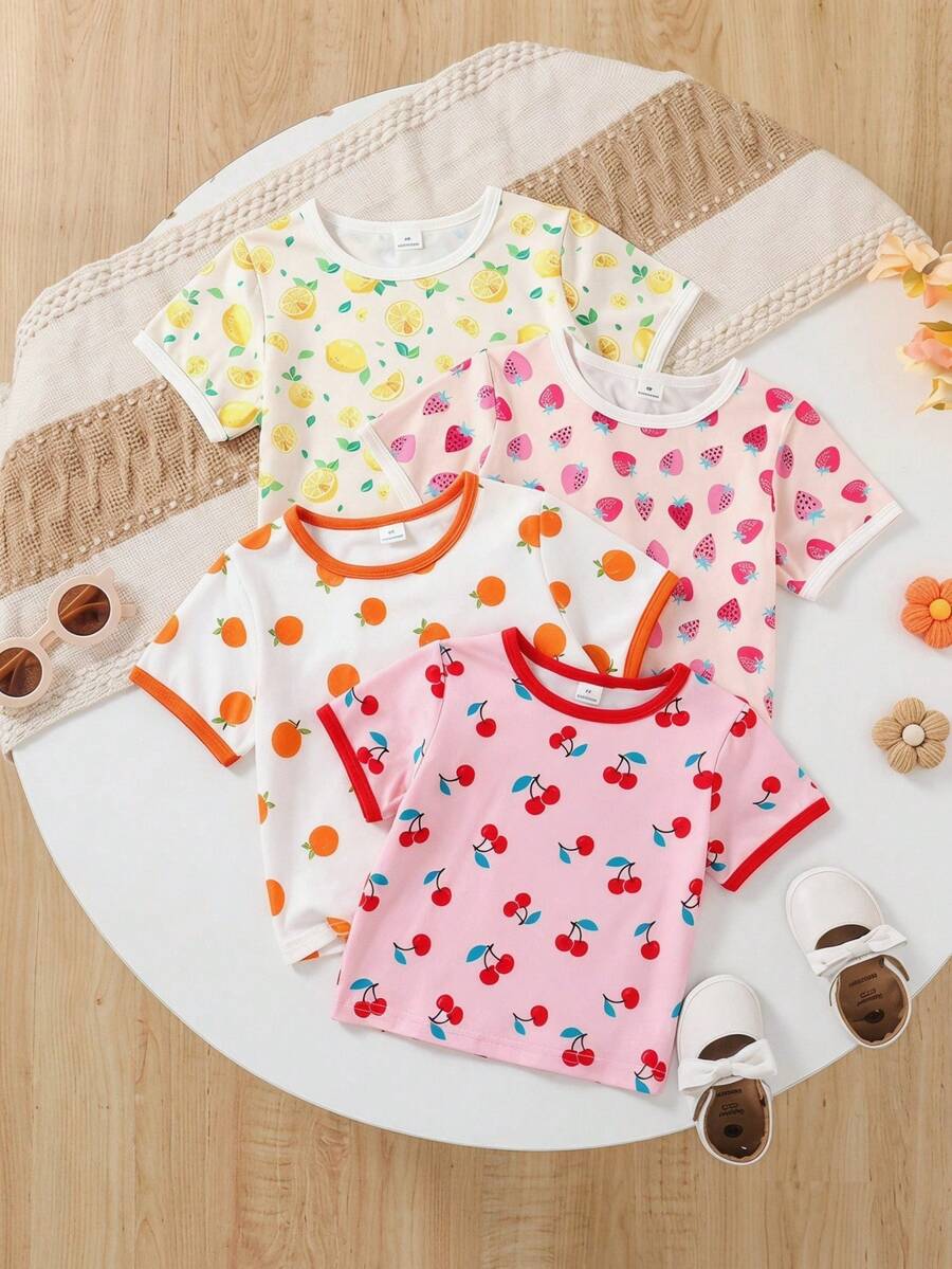 女童夏季水果主题短袖T恤,时尚舒适。现有樱桃粉、草莓白、柠檬黄、橙白四种颜色可选。鲜艳可爱的水果印花。 - 彩色 - 查看 1