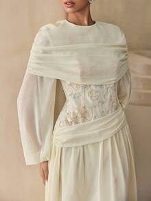 Graceveil Elegant Embroidered Chiffon Lantern Sleeve Swing Dress - Apricot - View 8