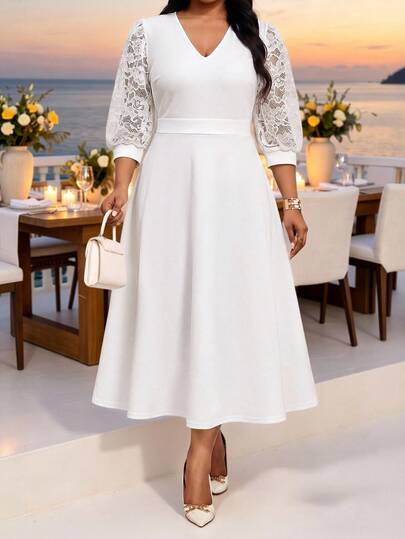 Fleurora Plus Size Women V-Neck Fashionable Party Dress