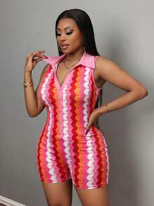 Slaydiva Mono casual de talla grande para mujer, sin mangas, con cuello, media abertura, escote en V, ajustado y con estampado de ondas de colores - Rosa Fucsia - Ver 4