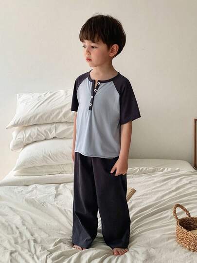 DAZY Toddler Boys' Contrast Color Half-Zip Casual T-Shirt + Straight Leg Pants Pajama Set