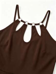 Elenzga Plus Size Women Casual Solid Color Strap Waist Jumpsuit - Brown - View 5