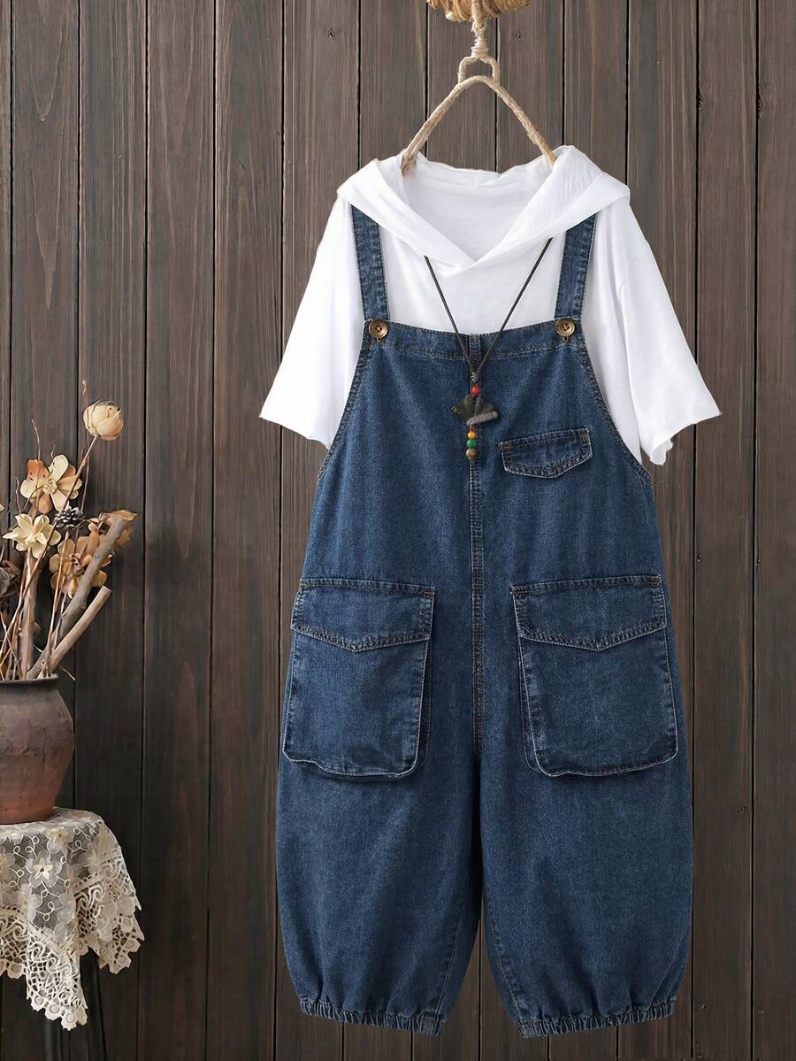 EMERY ROSE Mature Denim 女士夏季休闲3D口袋宽松牛仔背带裤 - 藍色 - 查看 1