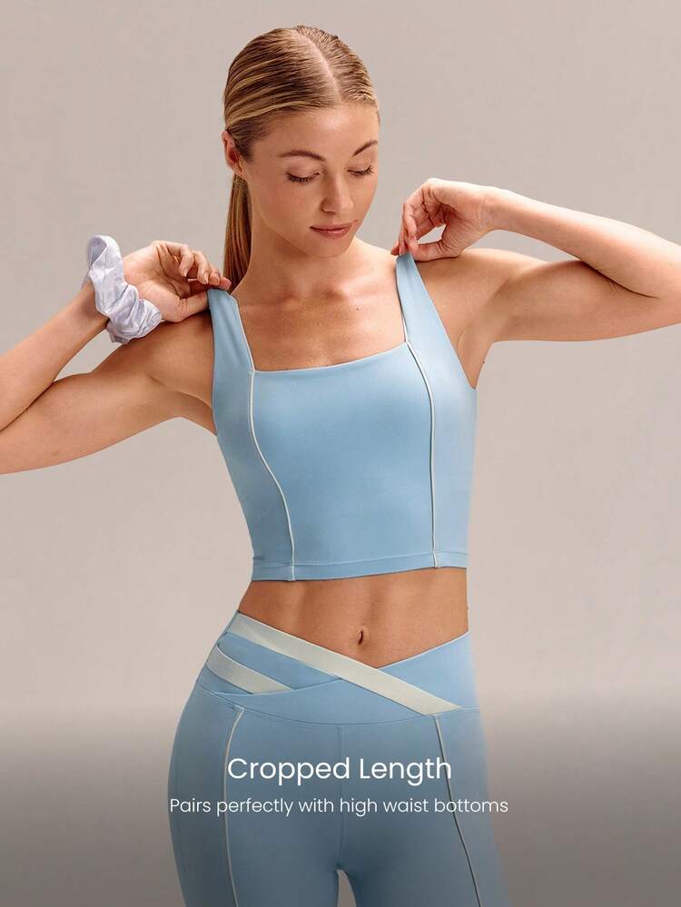 FeatherFit™ On The Line Soft Stretchy Sweat-Wicking UV Protection Crossover Back Two-Tone Removable Cups Cropped Active Tank Low Impact Yoga Pilates Studio Daily Active Wear