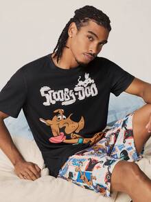 SCOOBY-DOO X SHEIN 男士舒适字母印花圆领短袖T恤和休闲短裤睡衣套装 - 黑色 - 查看 1