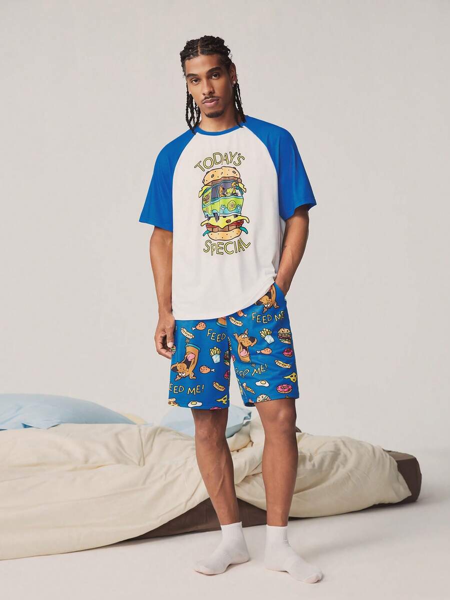 SCOOBY-DOO X SHEIN Men's Cartoon Print Color Block Short Sleeve Top And Shorts Casual Pajama Set - Blue and White - View 1