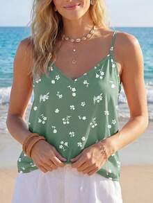 SHEIN LUNE Áo hai dây cổ chữ V dáng rộng, in họa tiết hoa, thích hợp cho kỳ nghỉ hè, đi chơi, phong cách thường ngày. - Nhiều màu - Xem 4
