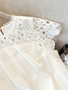 GlowEve CURVE Plus Size Women's Elegant White Summer Party Hollow Lace Patchwork Short Sleeve Blouse,Classy Solid Color Shirts For Casual And Commuting - Beige - View 5