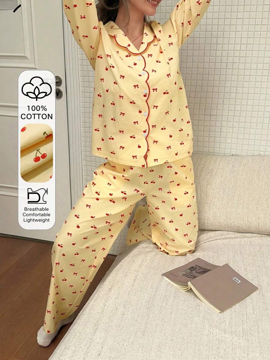 DAZY 2pcs Cute Bow & Cherry Print Contrast Color Embroidered Collar Women Pajama Set, Spring/Summer - Yellow - View 1
