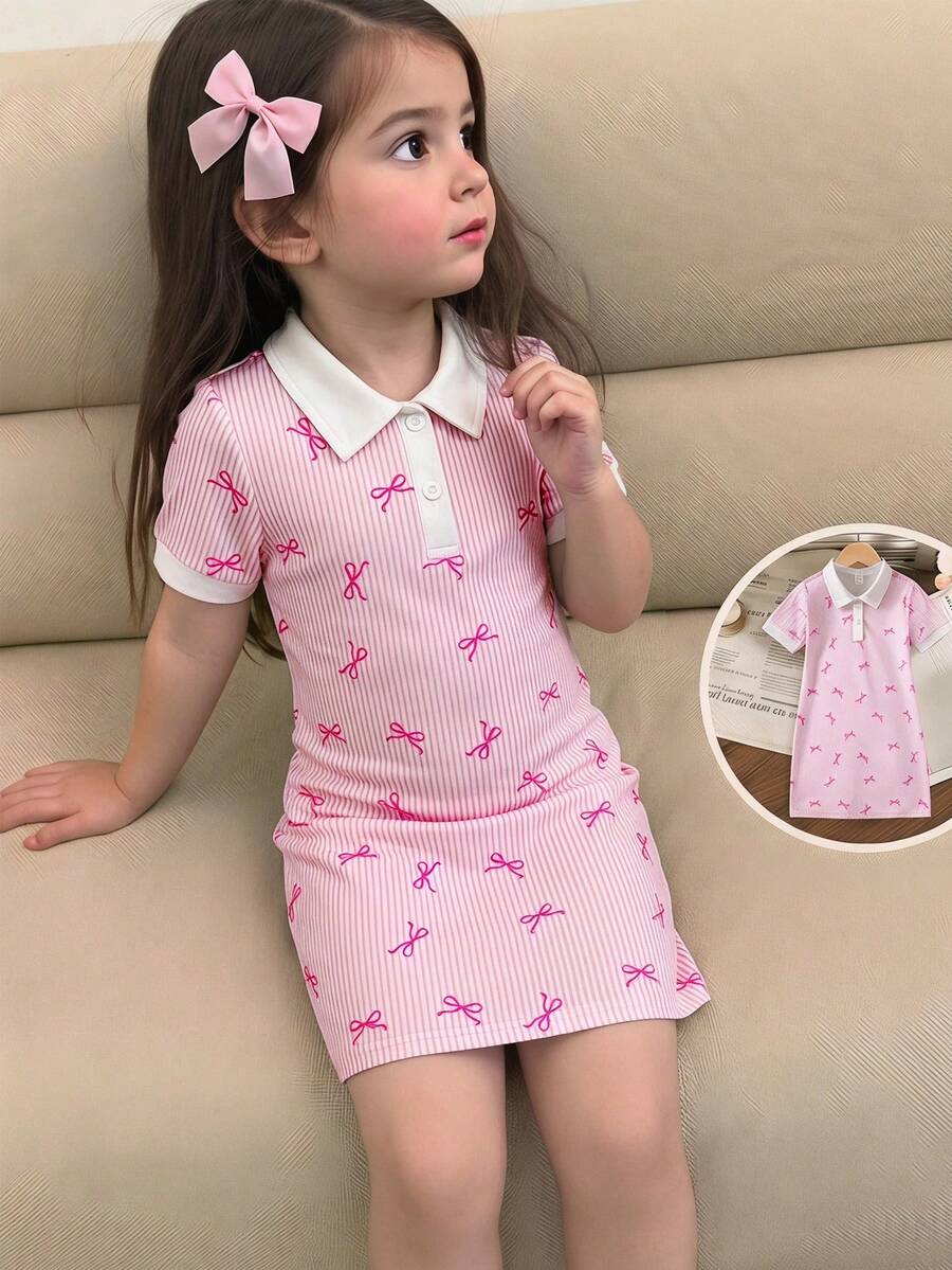 SHEIN 女童针织条纹蝴蝶结装饰衬衫裙