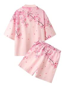 Manfinity RSRT Men's Floral Print Short Sleeve Button-Down Shirt And Shorts Casual Suit, Holiday - Pink - View 2