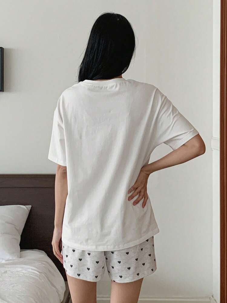 Women's Letter Print Short Sleeve Top And Shorts Pajama Set