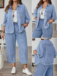 EMERY ROSE EMERY ROSE Plus Size Simple Casual Turn-Down Collar Denim Top Suitable For Daily Wear - Light Wash - View 1