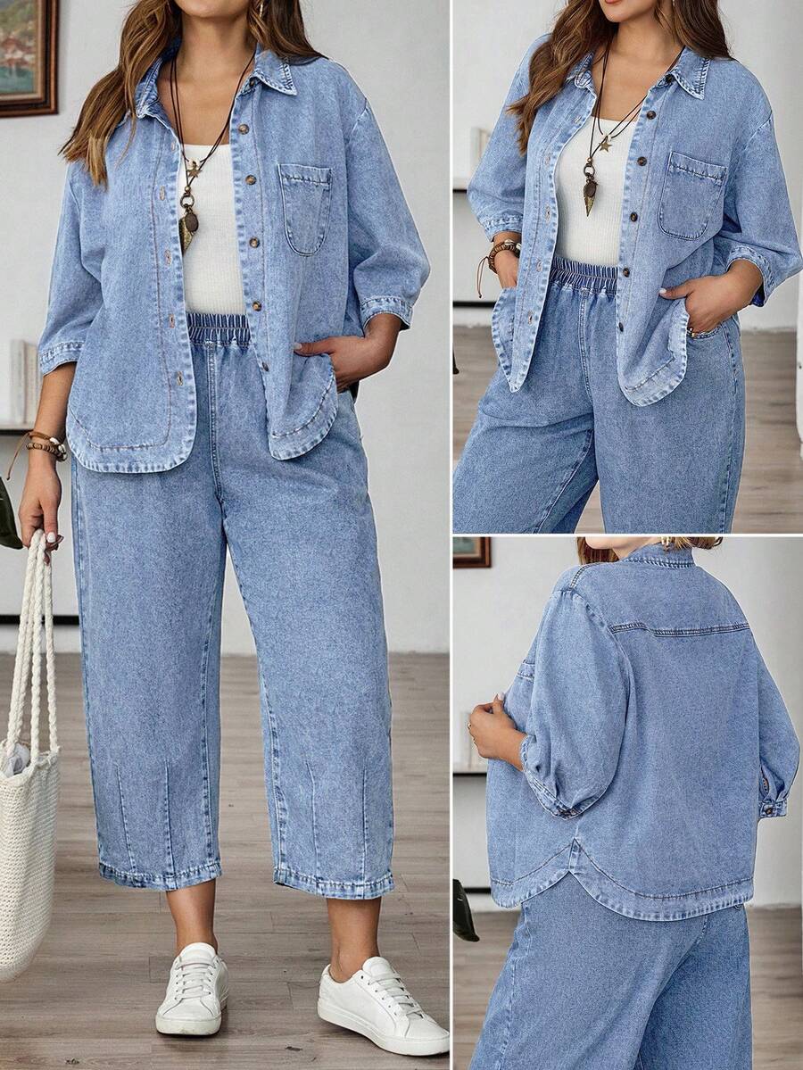 EMERY ROSE EMERY ROSE Plus Size Simple Casual Turn-Down Collar Denim Top Suitable For Daily Wear - Light Wash - View 1