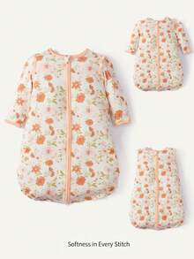 Cozy Pixies 1 pieza Saco de dormir para bebé, patrón de flores naranjas, mangas desmontables, cómodo y suave, adecuado para regalar sacos de dormir para recién nacidos, certificado por Oeko-Tex - Multicolor - Ver 1