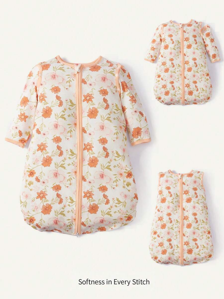 Cozy Pixies 1 pieza Saco de dormir para bebé, patrón de flores naranjas, mangas desmontables, cómodo y suave, adecuado para regalar sacos de dormir para recién nacidos, certificado por Oeko-Tex - Multicolor - Ver 1