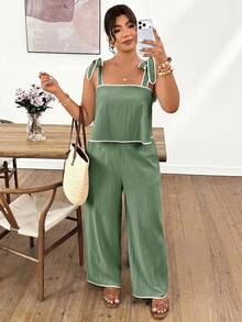 Lounesse Plus Size Women Shoulder Tie Design Camisole And Pants Set, Fashionable Commuter Outfit - Green - View 3