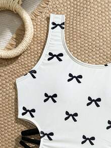 SHEIN Tween Girl Cute Casual Bow Print Cutout One-Piece Swimsuit, Suitable For Swimming, Beach, Pool, Summer Party - Multicolor - View 3