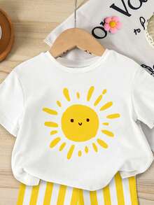 SHEIN Playful Pals 一套少女休闲韩流歌手卡通女孩渐变色短袖圆领T恤和配套渐变色修身骑行短裤套装，少女舒适针织连衣裙，适合日常、节日、外出、春夏穿着，韩式风格 - 彩色 - 查看 4