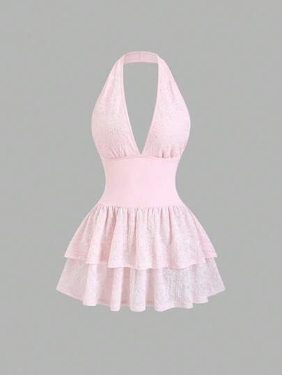 Sweetra Vestido de jacquard con estampado de mariposas y flores, con escote halter, espalda descubierta y doble volante, en tono rosa pálido vintage y romántico, apropiado para citas, salidas, uso casual diario y fotografía en primavera, verano y otoño