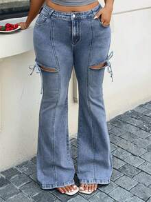 Dazy Plus Calça Jeans Flare com Laço Rasgado, Estilo de Rua Casual, Azul, Adequado para Verão, Primavera, Outono, Festival de Música, Plus Size Femininos, Todas as Estações - Lavagem Média - Visão 6