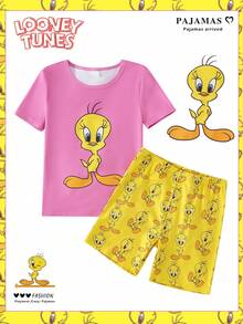LOONEY TUNES X SHEIN GraphicGems 2pcs Tween Girl Summer Casual Cute Sleepwear Set, Pink And Yellow Duck Print Top Shorts, Knit Stretchy Fabric, Comfortable Loungewear Snug Fit Family - Multicolor - View 2