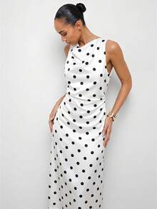 Maija Satin White With Black Polka Dots Scoop Neck Sleeveless Dress For Women,Dresses For Women Summer Garden Party Elegant - White - View 5