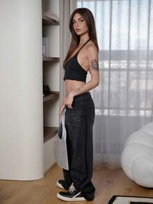 Nath Sonia Vaqueros elegantes de mujer de tiro bajo con parches de lentejuelas y bolsillos - Gris - Ver 3