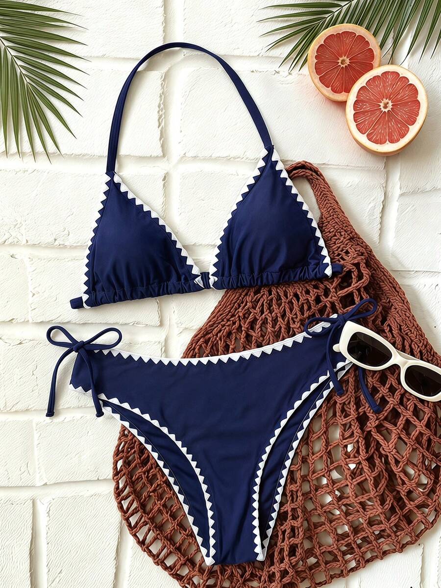 SHEIN Bộ đồ bơi Tankini cho bé gái tuổi teen, áo croptop hai dây phối màu tương phản họa tiết vỏ sò và quần bơi, thích hợp cho kỳ nghỉ biển, mùa hè. - Xanh đậm - Xem 1