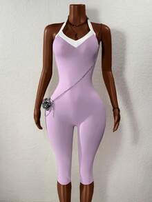 BamGleam Women's Versatile Contrast Color Halter Jumpsuit, Suitable For Daily Wear And Vacation Gym White Summer - Multicolor - View 6