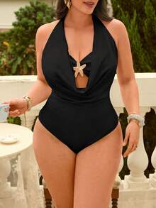 SHEIN Swim Curve 2026新款夏季沙滩度假优雅深V领连体泳衣，大码女士度假泳装，优雅度假泳衣 - 黑色 - 查看 5