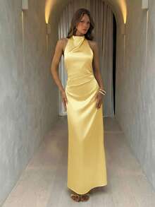 Aloruh Women's Yellow Draped Neck Tie-Waist Ruched Backless Dress, Summer, Dresses For Women Wedding Formal Party Elegant,Wedding Guest,Dresses For Women Summer - Pale Yellow - View 10