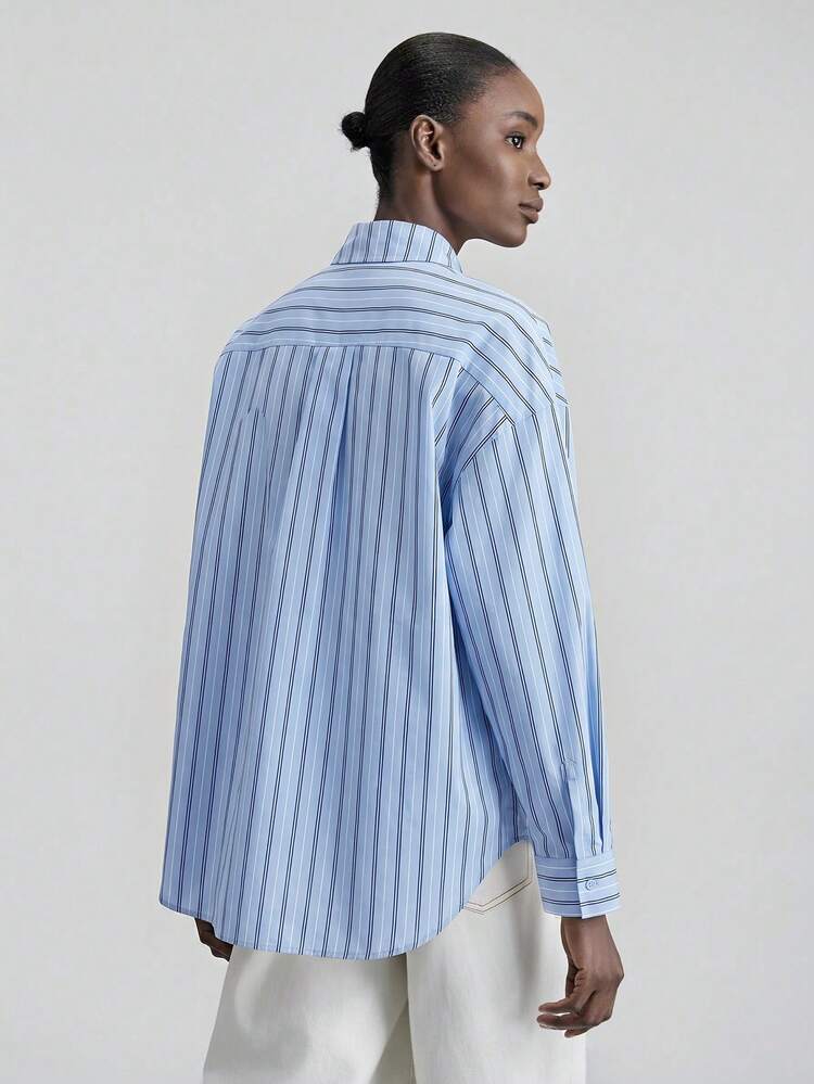 Women's Contrast Color Striped Shirt,Navy Blue Autumn Elegant Office Loose Fit Turndown Collar Long Sleeve,Metal Button Decor,Casual Blouse Wear