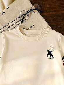 SHEIN Genkimix Kids 男童时尚圆领短袖T恤裤套装（2件套），印花条纹和骑行图案设计，适合节日派对，春、夏、秋季穿着舒适。 - 彩色 - 查看 7