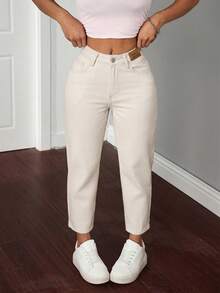SHEIN PETITE Casual Versatile Solid Color Denim Pants - Apricot - View 5