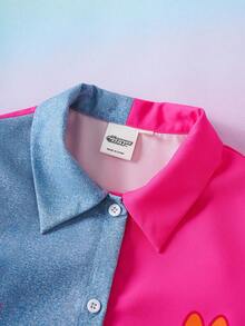THE POWERPUFF GIRLS X SHEIN Tween Girl Colorblock Single-Breasted Short Sleeve Dress, - Multicolor - View 3