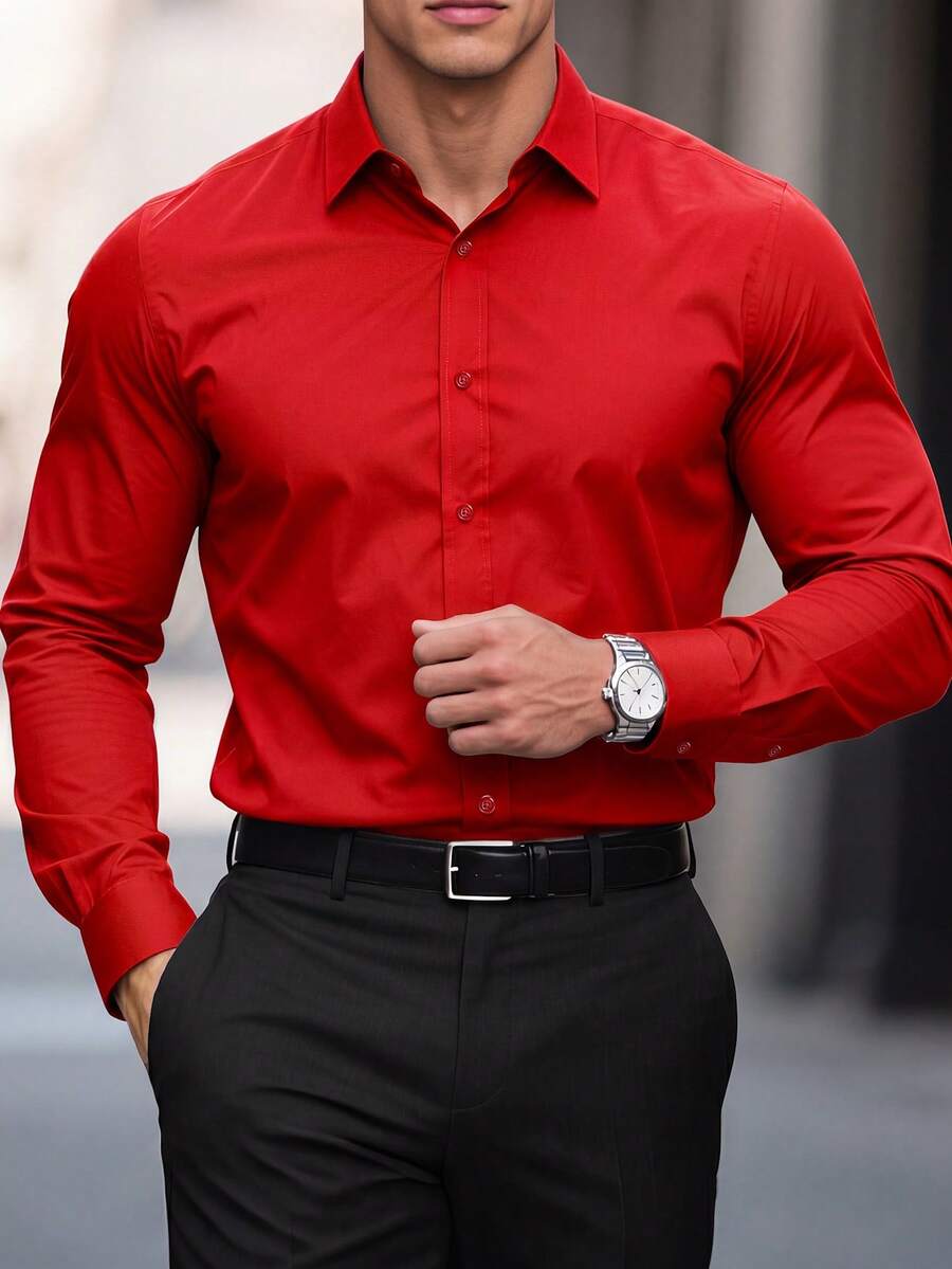 Manfinity Mode Men's Solid Color Single-Breasted Casual Long Sleeve Formal Shirt, Ceremony - Red - View 1