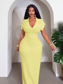 Slaydiva Plus Size Yellow Summer Smart Casual Vacation Polo Collar V-Neck Maxi Dress,Women's Boho Streetwear Wedding Guest Party,Bohemian Beach Cruise Dress - Yellow - View 5