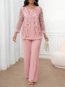 SHEIN Lady Bộ 2 món dành cho nữ, gồm áo và quần dài cài cúc phía trước, có chi tiết ren và đính sequin. - Hồng - Xem 1