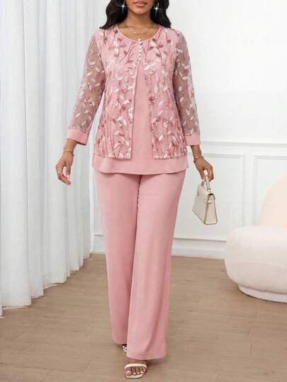 SHEIN Lady Bộ 2 món dành cho nữ, gồm áo và quần dài cài cúc phía trước, có chi tiết ren và đính sequin.