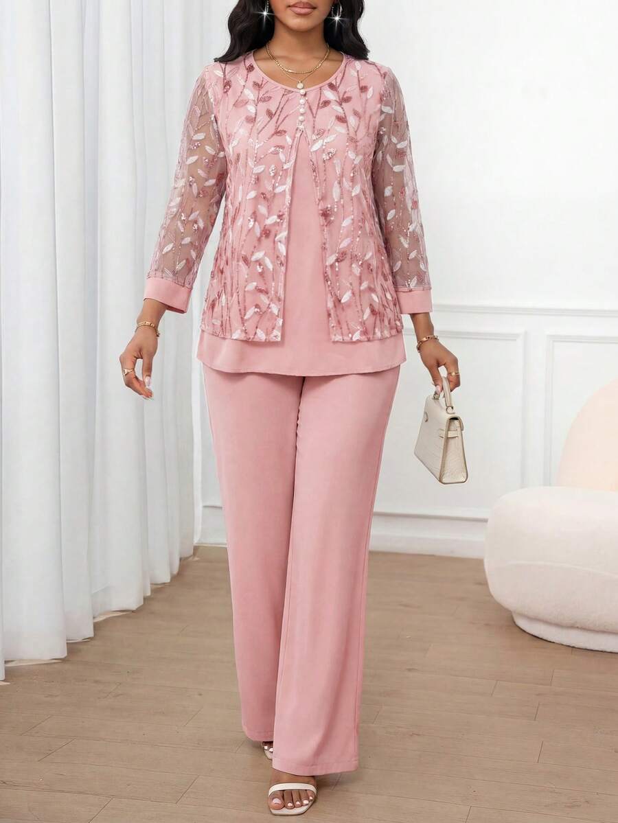 SHEIN Lady Bộ 2 món dành cho nữ, gồm áo và quần dài cài cúc phía trước, có chi tiết ren và đính sequin. - Hồng - Xem 1