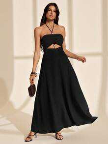 SHEIN Tall Women's Solid Color Backless Beaded Crochet Dress, Perfect For Vacation,Bohemian Clothes - Black - View 3