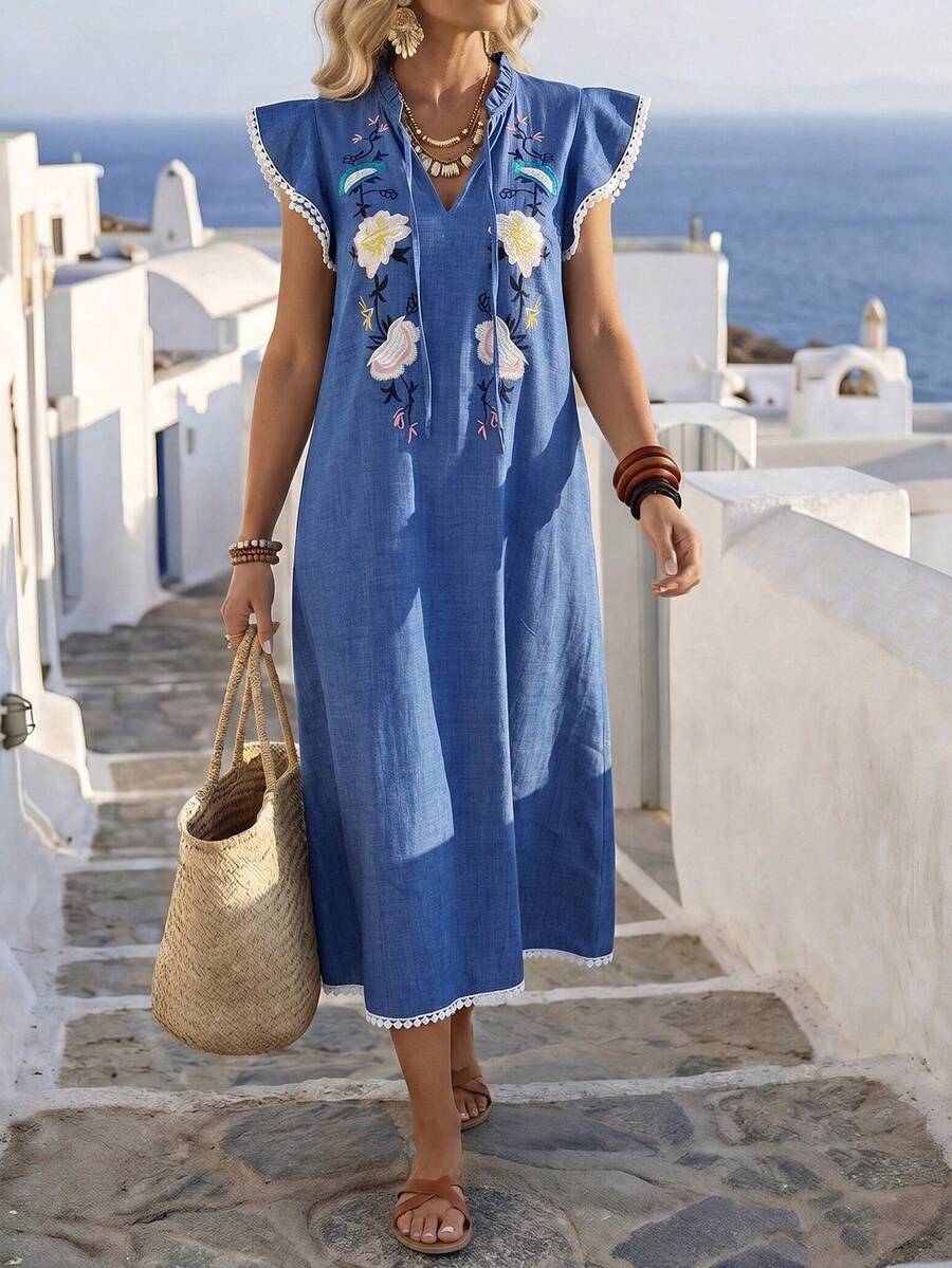 EMERY ROSE Vestido con cuello de corbata, volantes y bordado floral para mujer - Azul - Ver 1