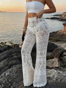 Elenzga Pantalones de suéter elegantes y de punto hueco para mujer - Beis - Ver 1